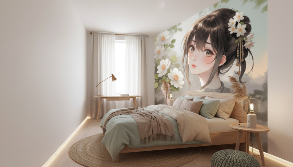 Jeune femme aux fleurs de cerisier style manga japonais - Chambre ado