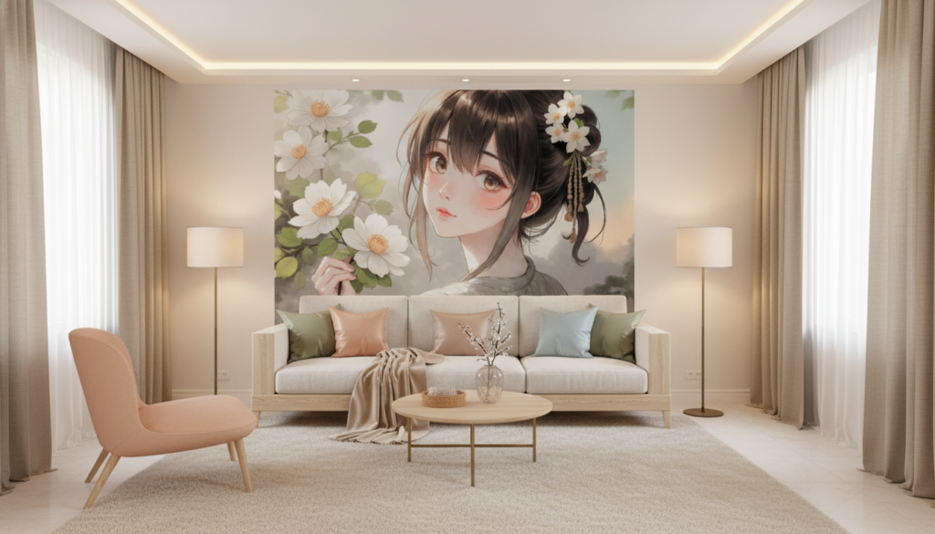 Jeune femme aux fleurs de cerisier style manga japonais - Salon / Séjour