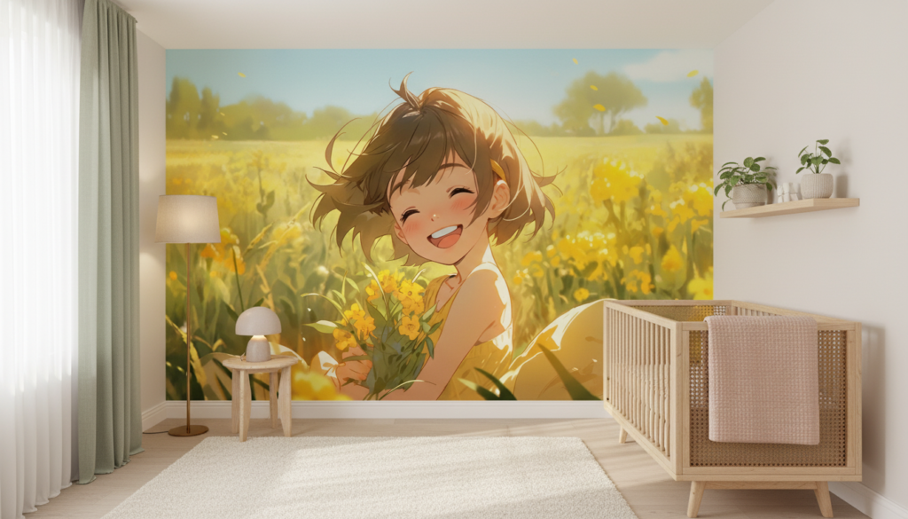 Jeune fille souriante dans un champ de fleurs dorées - Chambre bébé