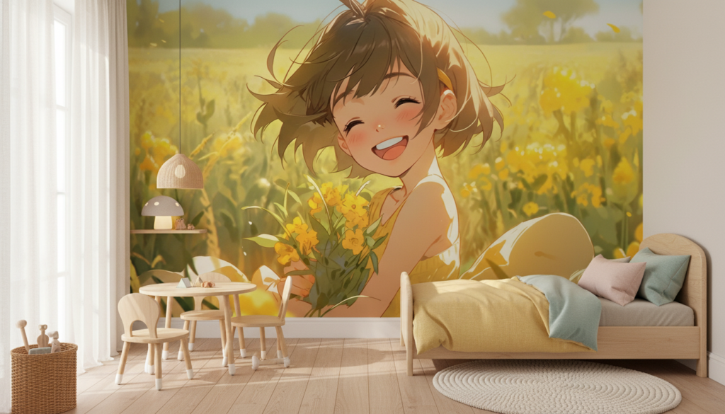 Jeune fille souriante dans un champ de fleurs dorées - Chambre enfant