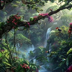 Papier Peint Jungle Tropicale avec Cascade et Oiseaux Exotiques