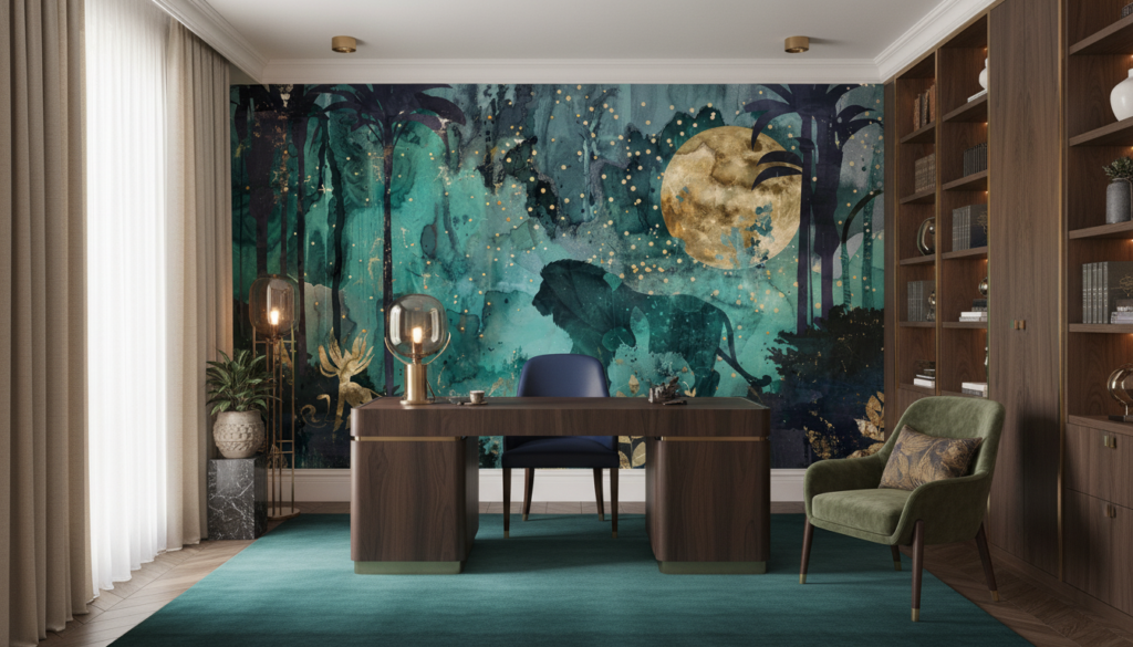 Jungle Nocturne avec Éléphants et Lune Dorée Mystique - Bureau