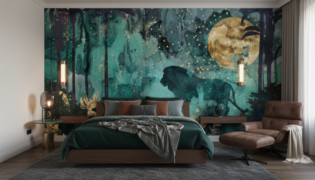 Jungle Nocturne avec Éléphants et Lune Dorée Mystique - Chambre adulte