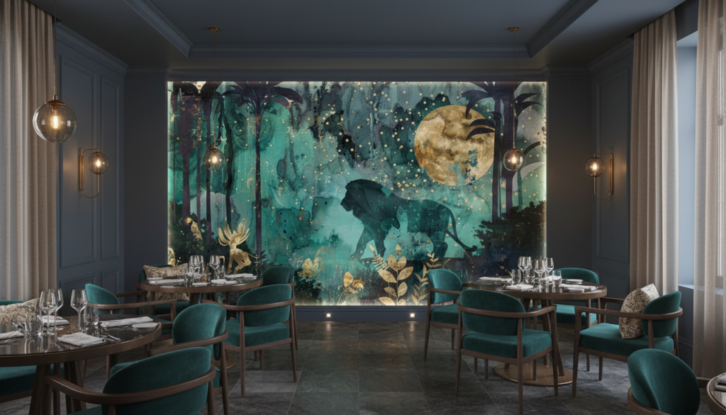 Jungle Nocturne avec Éléphants et Lune Dorée Mystique - Restaurant