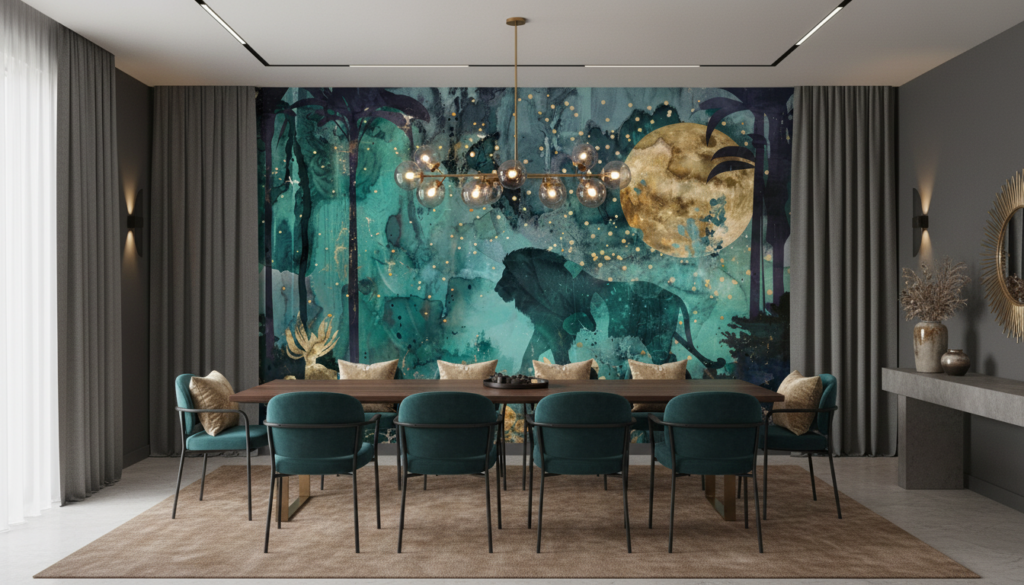 Jungle Nocturne avec Éléphants et Lune Dorée Mystique - Salle à manger