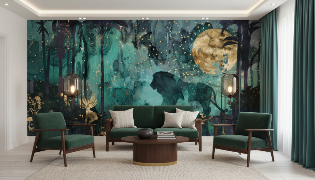Jungle Nocturne avec Éléphants et Lune Dorée Mystique - Salon / Séjour