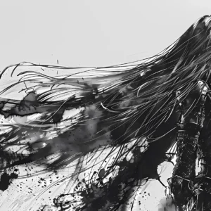 Papier peint artistique femme guerrière encre noire style manga