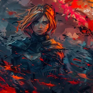 Papier Peint Fantastique Guerrière Flammes Rouges Style Anime Épique