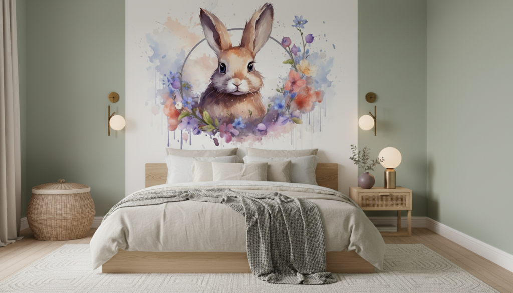 Lapin aquarelle romantique entouré de fleurs délicates multicolores - Chambre adulte