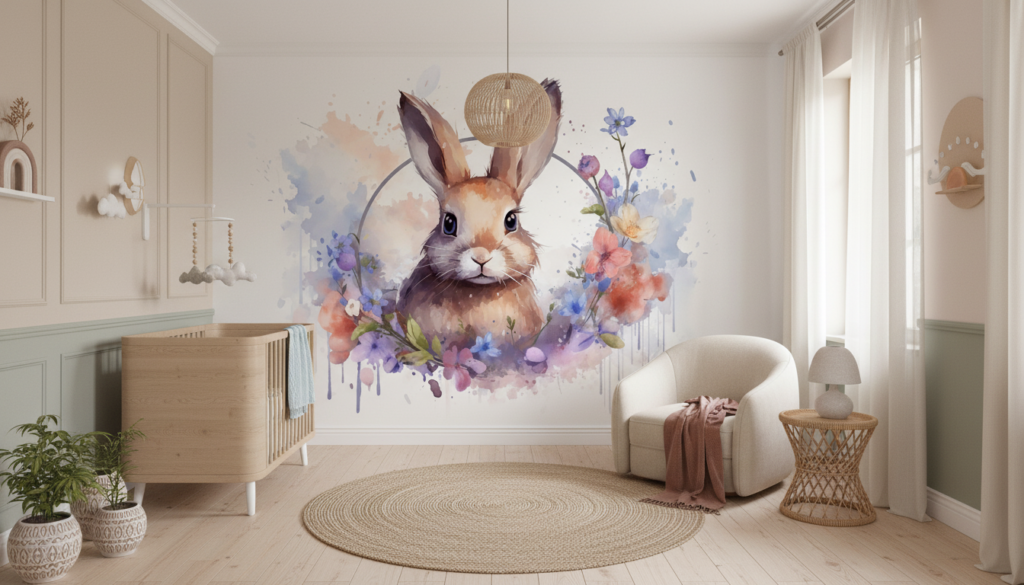 Lapin aquarelle romantique entouré de fleurs délicates multicolores - Chambre bébé