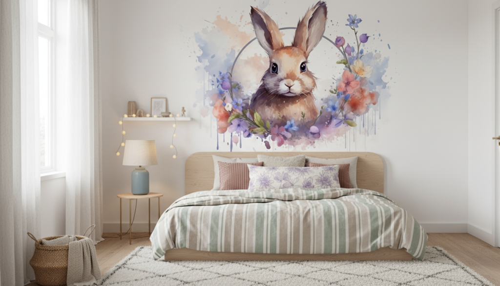 Lapin aquarelle romantique entouré de fleurs délicates multicolores - Chambre enfant