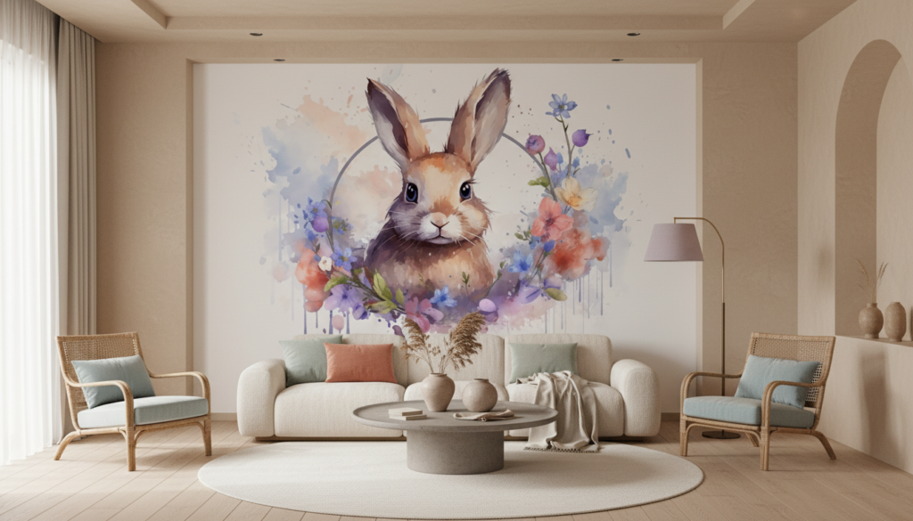 Lapin aquarelle romantique entouré de fleurs délicates multicolores - Salon / Séjour