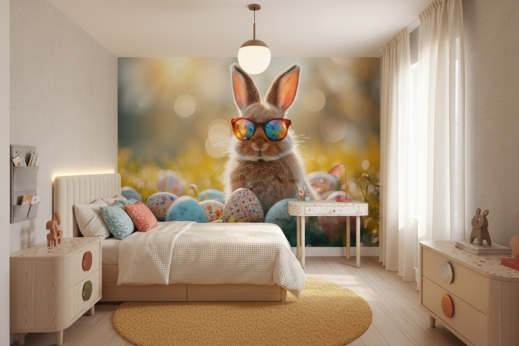 Lapin de Pâques avec Lunettes de Soleil et Œufs Colorés - Chambre ado