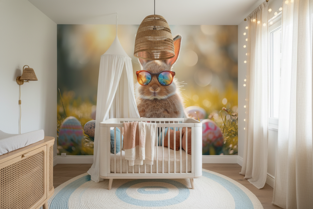 Lapin de Pâques avec Lunettes de Soleil et Œufs Colorés - Chambre bébé