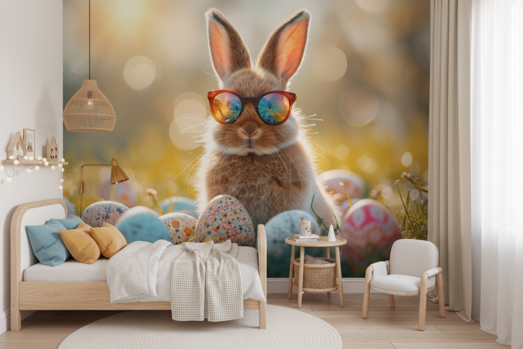 Lapin de Pâques avec Lunettes de Soleil et Œufs Colorés - Chambre enfant