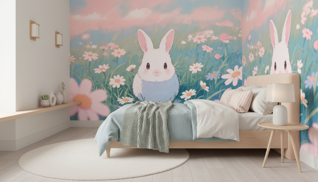 Lapin mignon dans un jardin fleuri aux couleurs pastel douces - Chambre ado