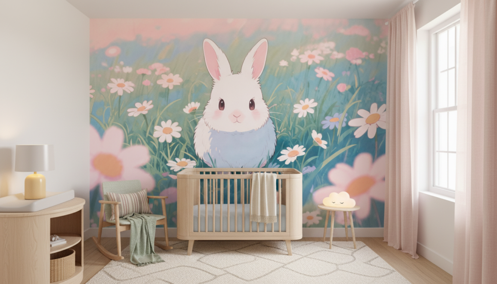 Lapin mignon dans un jardin fleuri aux couleurs pastel douces - Chambre bébé