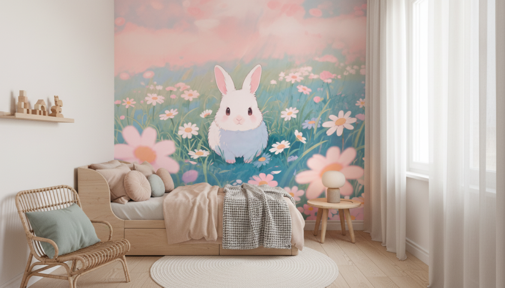 Lapin mignon dans un jardin fleuri aux couleurs pastel douces - Chambre enfant