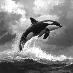 Orque majestueuse en saut spectaculaire papier peint artistique noir et blanc