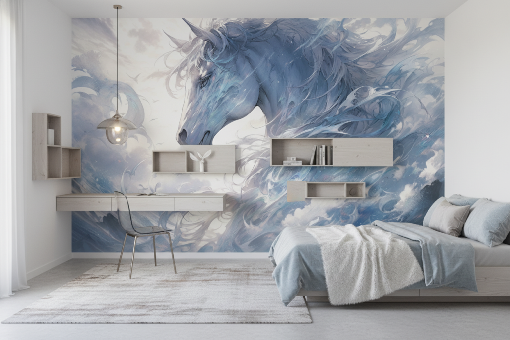 Licorne Céleste dans les Nuages Bleus et Blancs Mystiques - Chambre ado