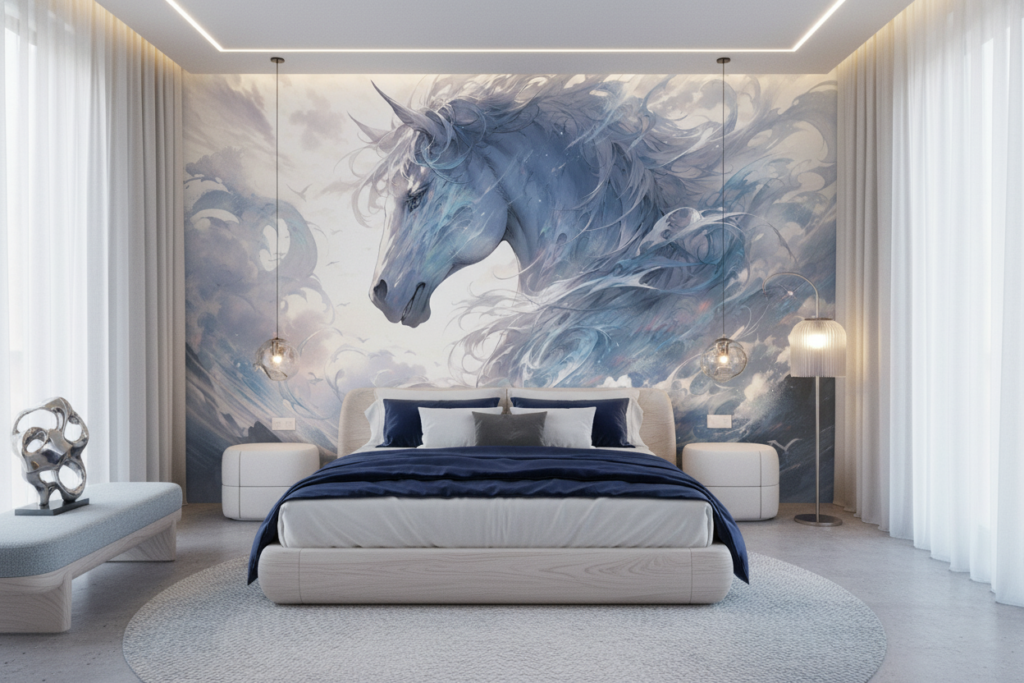 Licorne Céleste dans les Nuages Bleus et Blancs Mystiques - Chambre adulte