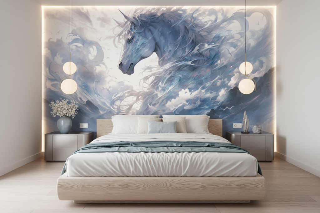 Licorne Céleste dans les Nuages Bleus et Blancs Mystiques - Chambre adulte