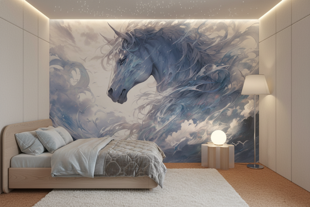 Licorne Céleste dans les Nuages Bleus et Blancs Mystiques - Chambre enfant