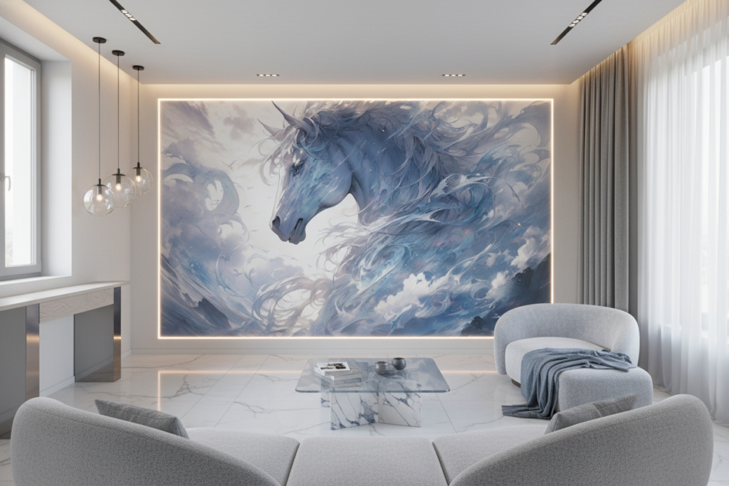 Licorne Céleste dans les Nuages Bleus et Blancs Mystiques - Salon / Séjour