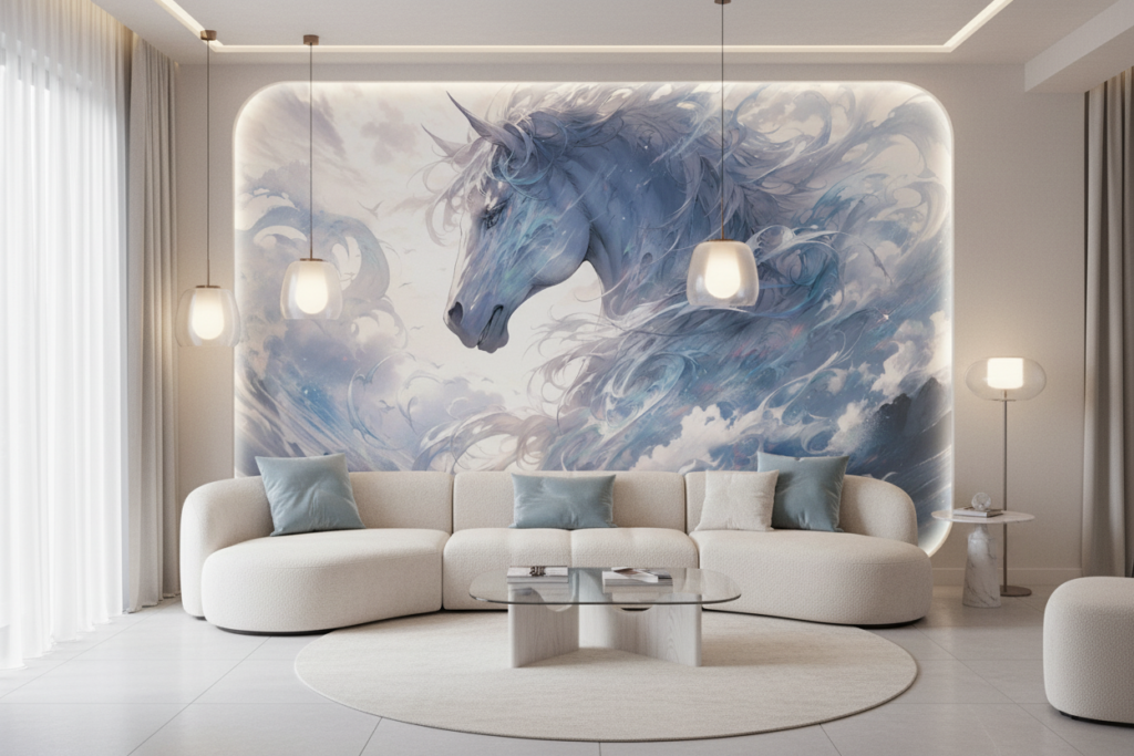 Licorne Céleste dans les Nuages Bleus et Blancs Mystiques - Salon / Séjour