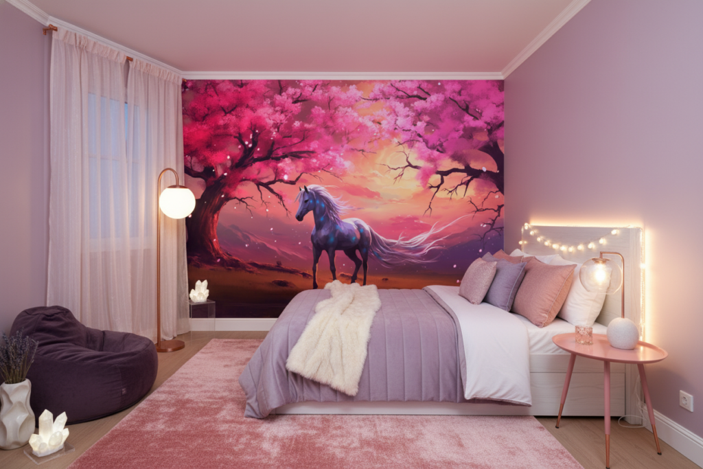 Licorne Magique sous Cerisier Rose Coucher de Soleil Fantastique - Chambre ado