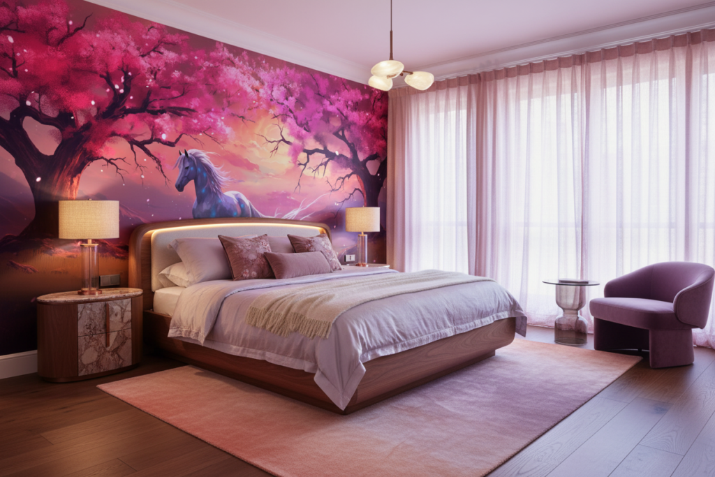 Licorne Magique sous Cerisier Rose Coucher de Soleil Fantastique - Chambre adulte