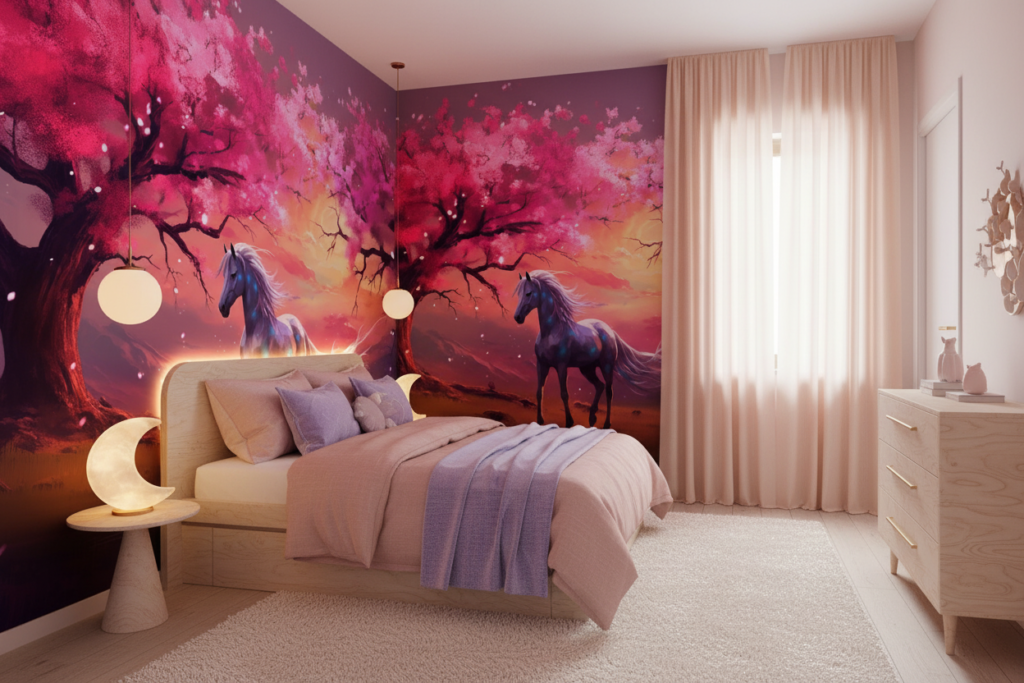 Licorne Magique sous Cerisier Rose Coucher de Soleil Fantastique - Chambre enfant