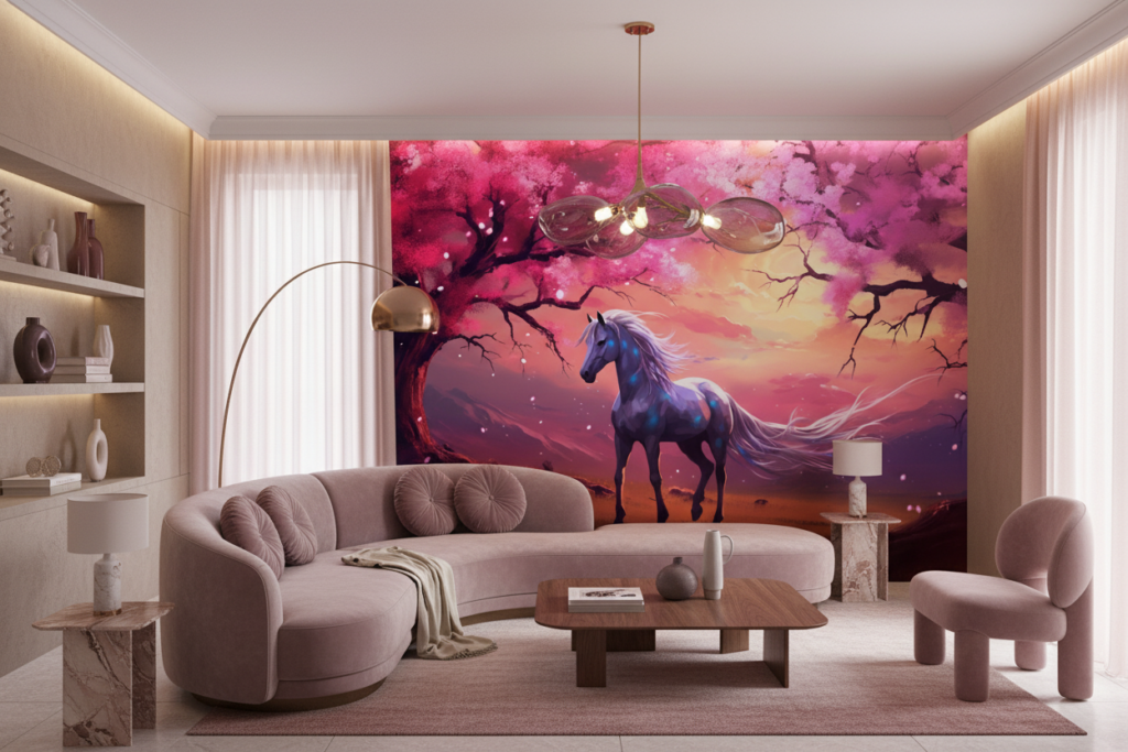 Licorne Magique sous Cerisier Rose Coucher de Soleil Fantastique - Salon / Séjour