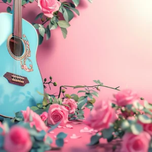 Papier Peint Guitare Bleue et Roses Romantiques Fond Dégradé Rose