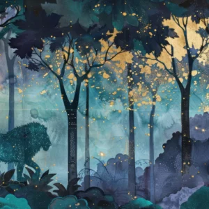 Papier Peint Forêt Enchantée Bleu Turquoise avec Paillettes Dorées