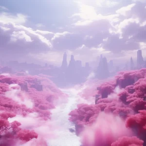 Paysage fantastique aux cerisiers roses et montagnes violettes brumeuses