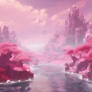 Paysage fantastique aux cerisiers roses et montagnes cristallines