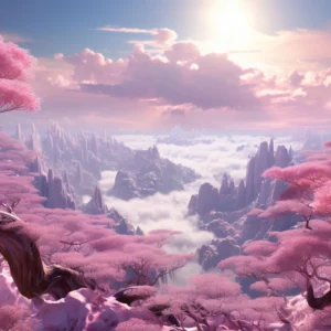 Paysage féerique aux cerisiers roses et montagnes nuageuses mystiques