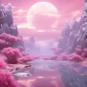 Paysage fantastique rose et violet avec lune et végétation mystique