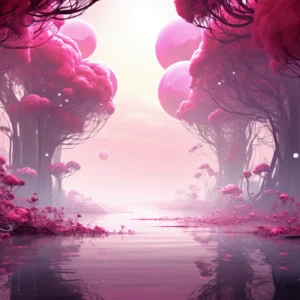 Forêt Enchantée Rose avec Rivière et Lumière Mystique