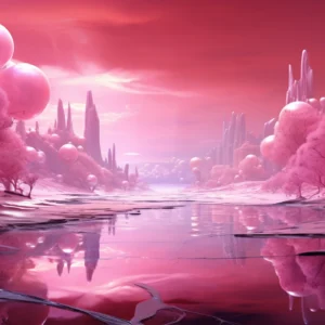 Paysage Fantastique Rose Cristallin aux Reflets Aquatiques Surréalistes