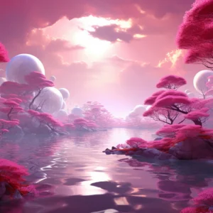 Paysage Fantastique Rose aux Arbres Flottants et Lac Mystique