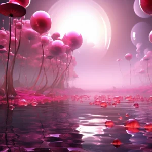 Paysage fantastique rose avec formes organiques flottantes et reflets aquatiques