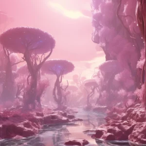 Forêt enchantée rose et violette aux reflets magiques dorés