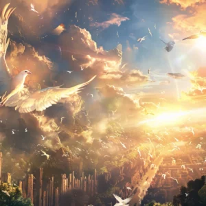 Papier Peint Ciel Céleste avec Colombe et Oiseaux Dorés