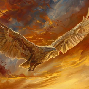 Papier Peint Majestueux Aigle Doré Volant dans Ciel Orageux