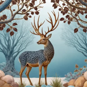 Papier Peint Cerf Majestueux dans Forêt Enchantée Tons Bleus