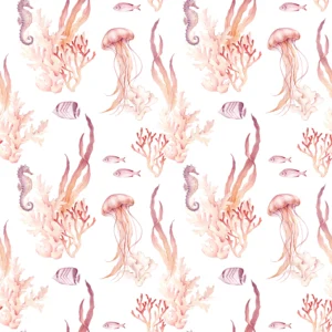 Papier Peint Aquarelle Océanique avec Méduses Coraux et Poissons