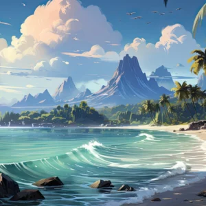 Plage tropicale paradisiaque avec montagnes volcaniques et palmiers exotiques