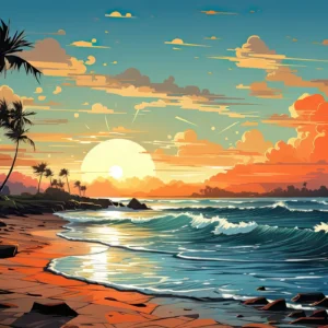 Coucher de soleil tropical avec palmiers et vagues dorées